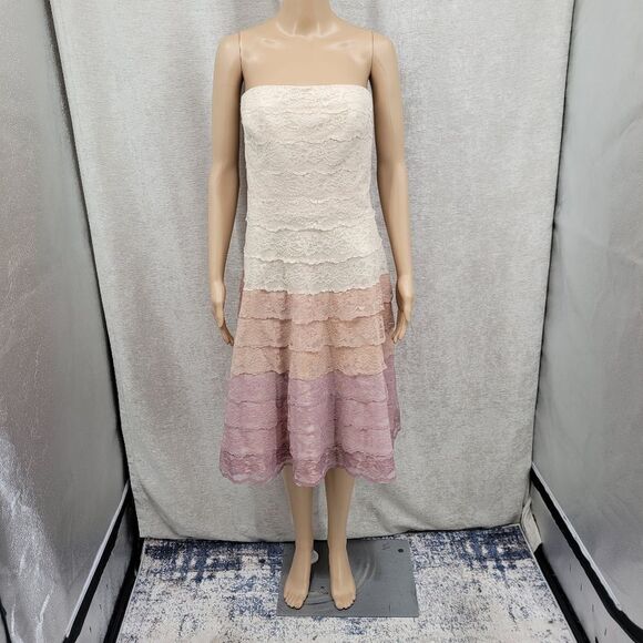 Carmen Marc Valvo Strapless Lace Dress in Cream Pink Mauve Ombre Midi Length - Picture 14 of 15